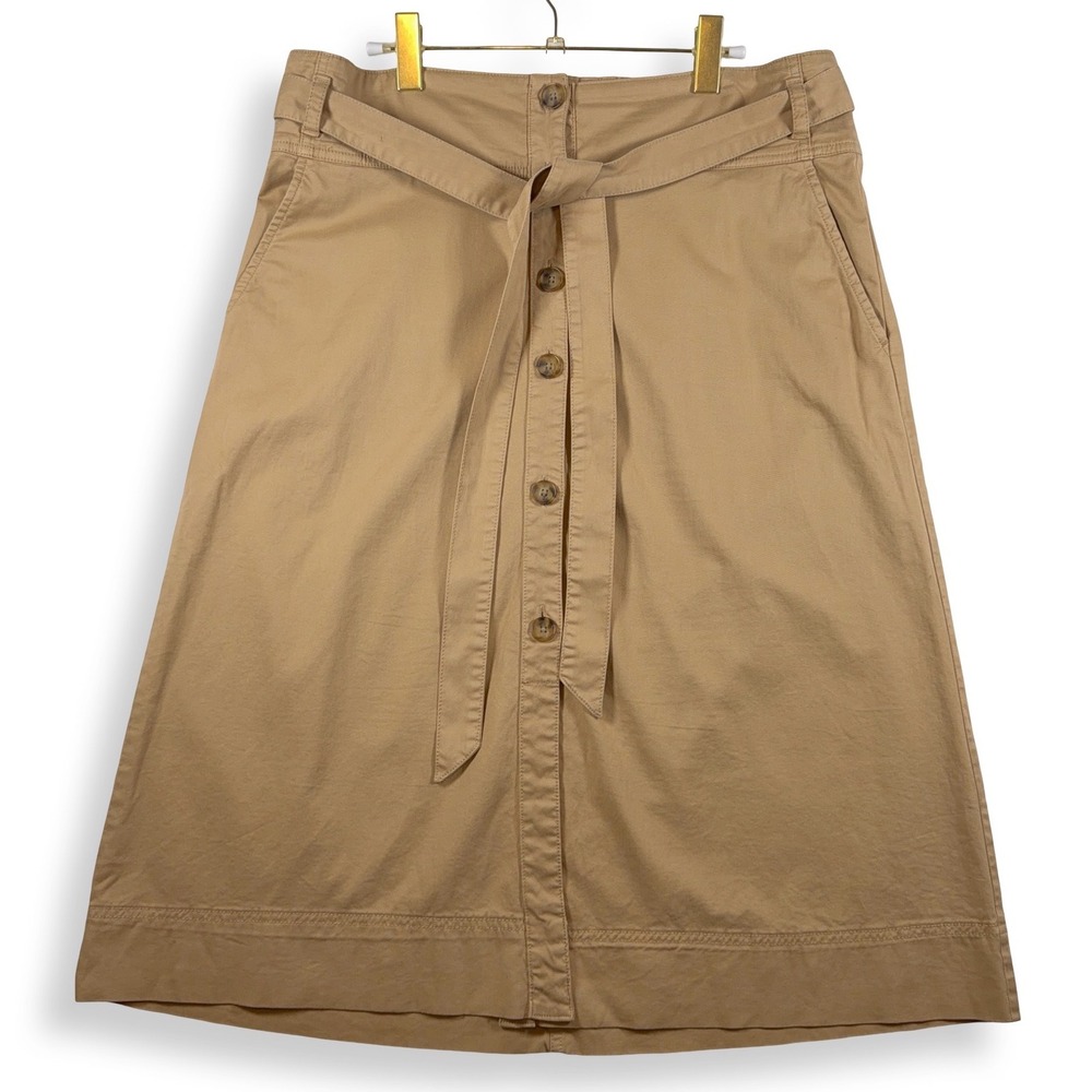 Gap Tan Khaki Button Front Belted A-Line Midi Skirt Womens 14 Petite Pockets